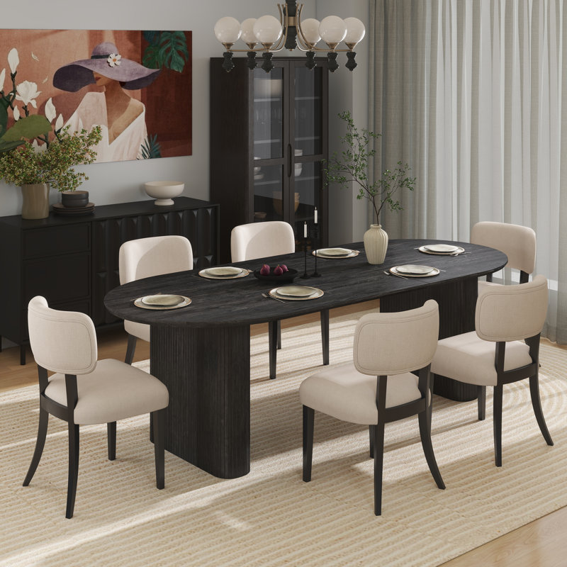 Modern Farmhouse 59.06" to 90.55" Wood Extendable Dining Table Set For Dining Room Kitchen, Black, 7 Pieces: Table, 6 Chairs