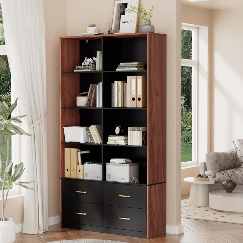 70.1" H x 38.5" W 4-Tier Large Wood Storage Bookcase, walnut