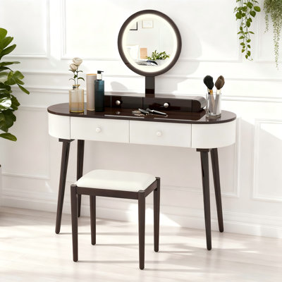 Ensemble de coiffeuse avec miroir à DEL, 3 pansements réglables avec interrupteur tactile, 4 tiroirs, tabouret rembourré