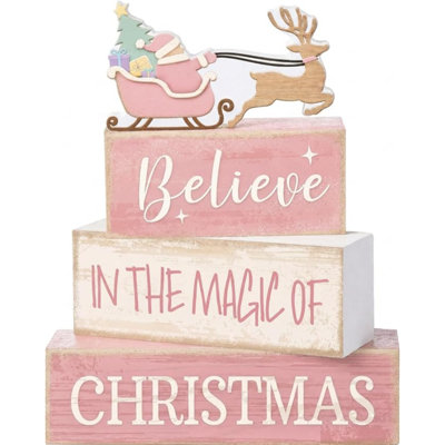 Décoration de table de Noël en bois (lot de 4) : traîneau du Père Noël rose, plateau à étages, panneau décoratif avec Père Noël et renne, centre de table champêtre pour la maison et la cuisine.