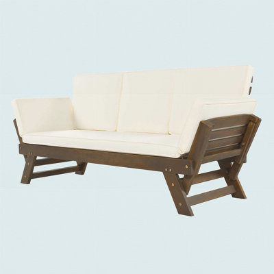 Outdoor Adjustable Patio Wooden Daybed Sofa Chaise Lounge With Cushions