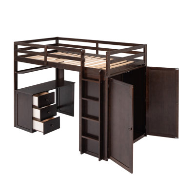Lit mezzanine simple avec tiroirs, bureau et garde-robe espresso