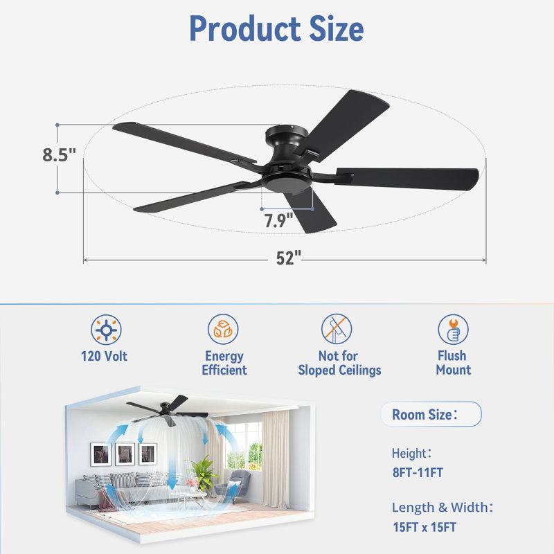 Cissline 52" Flush Mount Modern Ceiling Fan with Remote for Bedroom/Living Room