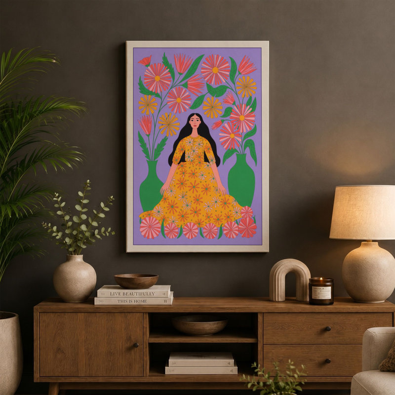 Woman Among Flowers Boho - Wrapped Canvas, 24x16 - 61.0 x 40.6 cm, Ochre Border