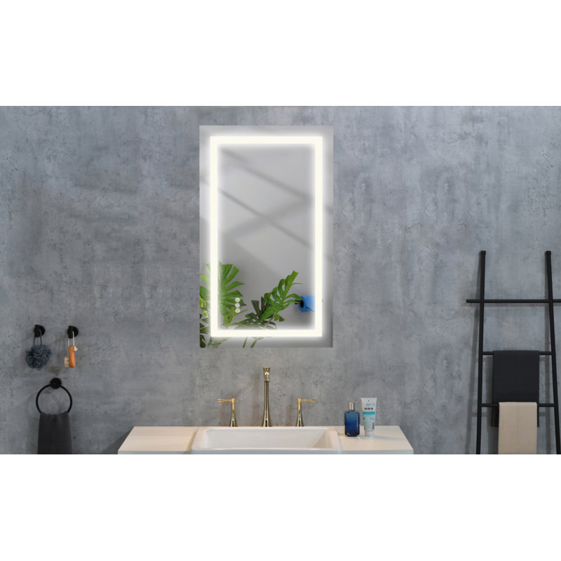 Miroir de salle de bain 32 po x 20 po à DEL avec façade et rétroéclairage, miroir de meuble-lavabo mural, anti-buée, mémoire, 3 couleurs, réglable en continu