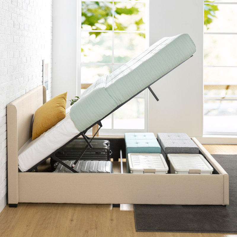 Estella Upholstered Bed Frame with Headboard, Ottoman Under-bed Storage, Beige, Super King (6')