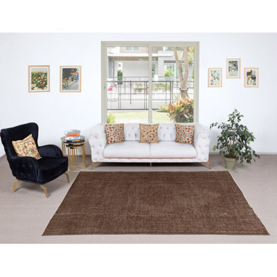 Tapis turc rétro en laine noué à la main de 6,6 x 9,5 pi de couleur brune pour des intérieurs modernes