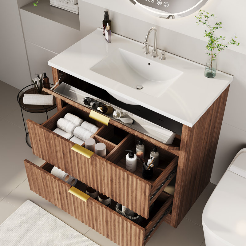 36" Fluted Bathroom Vanity with Sink, Freestanding Bathroom Vanity Cabinet with 2 Drawers & Flip-Down Drawer, Modern Farmhouse Bathroom Storage Cabinet