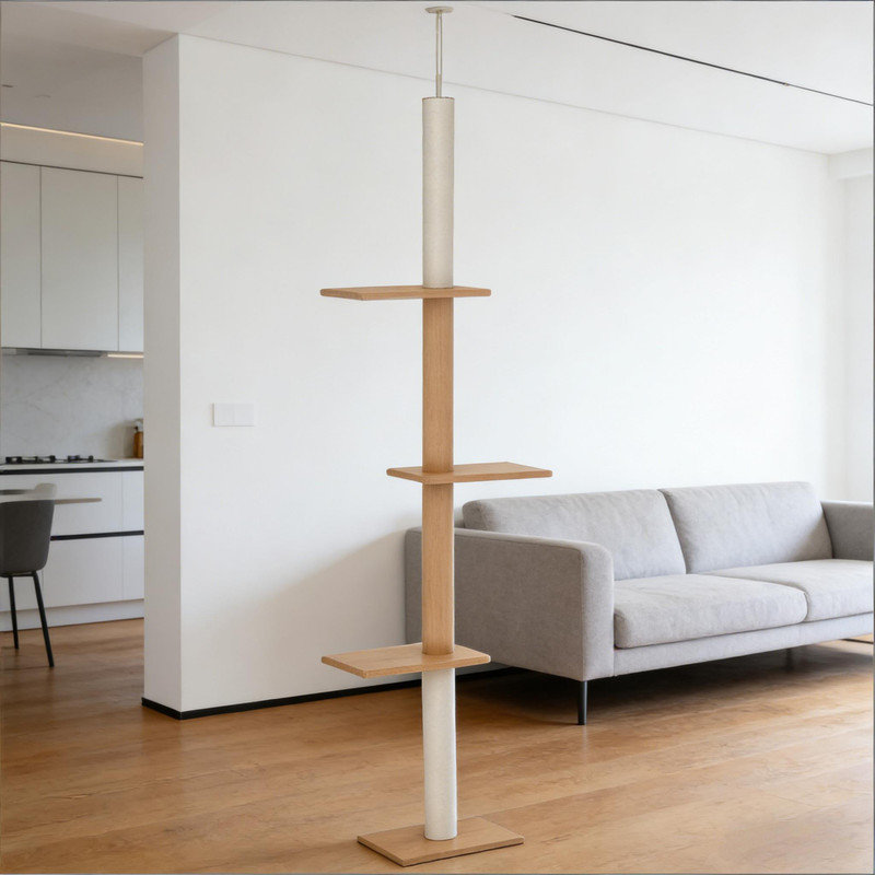 Tour pour arbre à chat à hauteur réglable du sol au plafond avec 4 plateformes, poteaux à griffer, barre de tension pour la stabilité, centre d'activité pour chats à plusieurs niveaux pour chats d'intérieur, brun clair