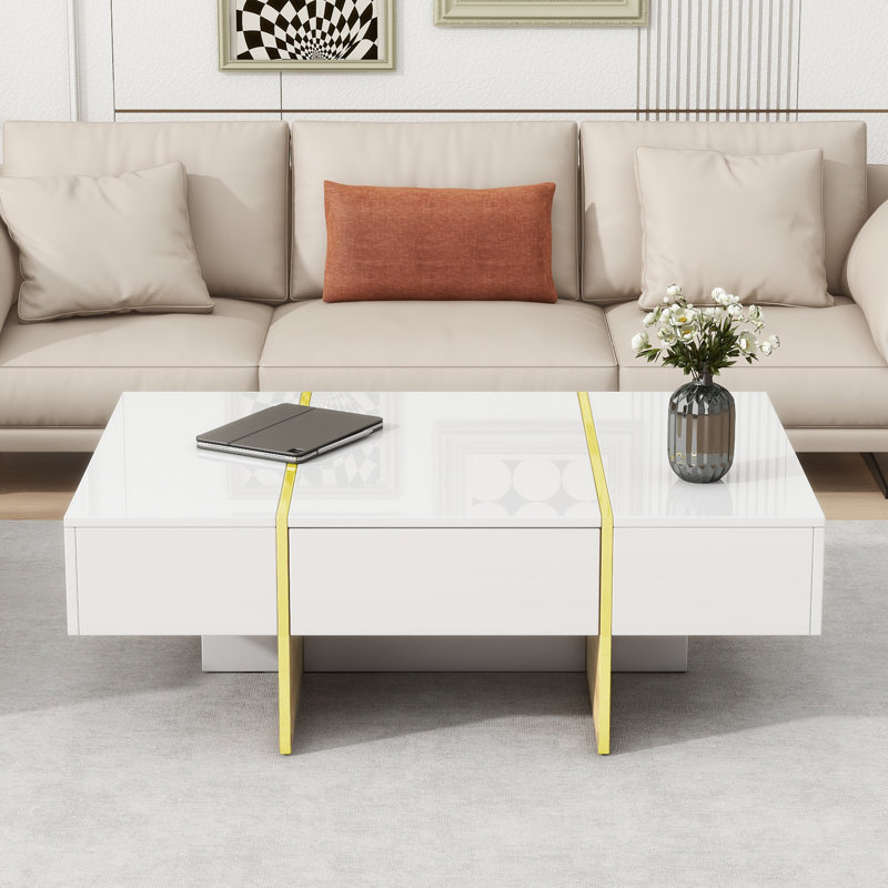 47.2'' x 31.4''Minimalist High Gloss Coffee Table with 2 Drawers, Multi-Storage Rectangle Sofa Table with Wood Grain Legs, Modern Centre Table for Living Room, 