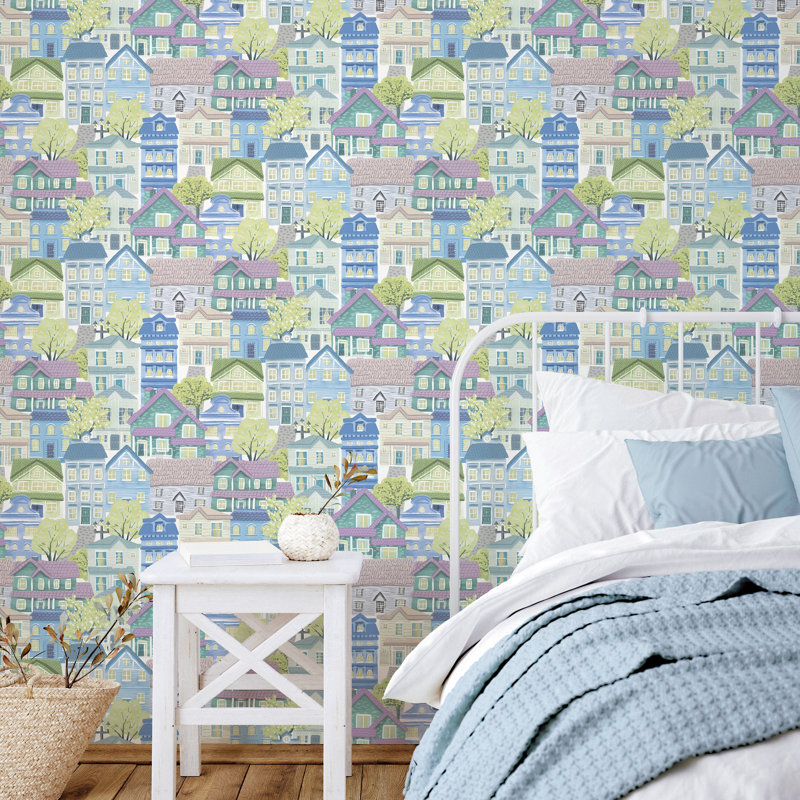 Kids and Teens Collection Whimsical Houses Wallpaper Roll, Blue