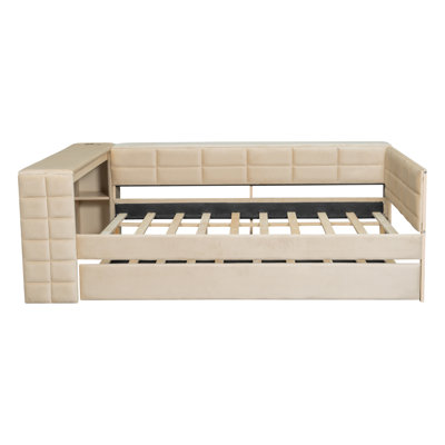 Full Size Upholstered Platform Bed with Storage Shelves, Desk & Charging Station, Twin Trundle by Latitude Run
