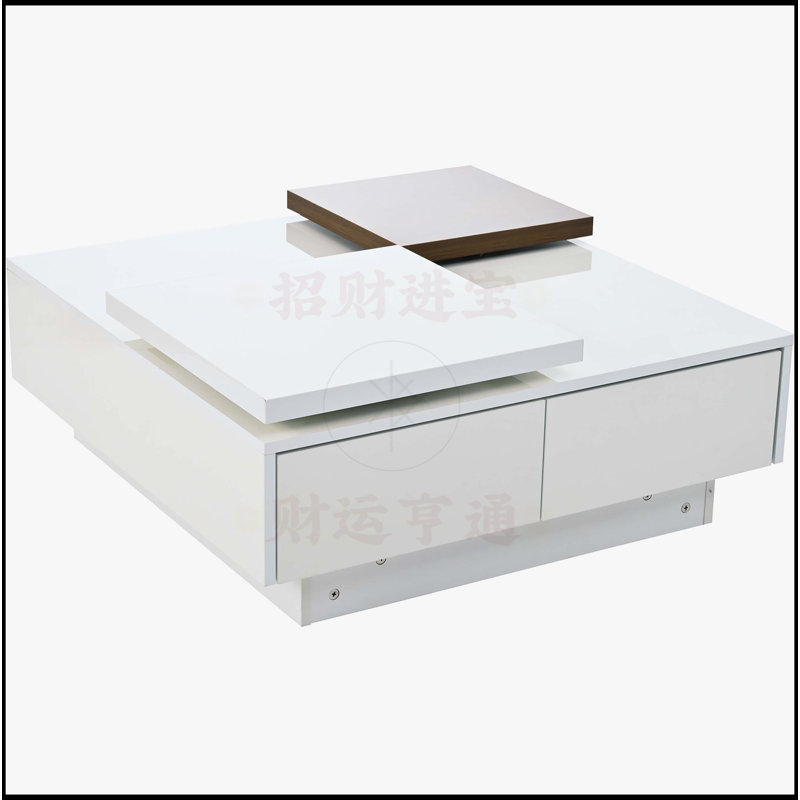 Table basse mobile avec plateau à finition brillante et 4 tiroirs de rangement cachés, Blanc