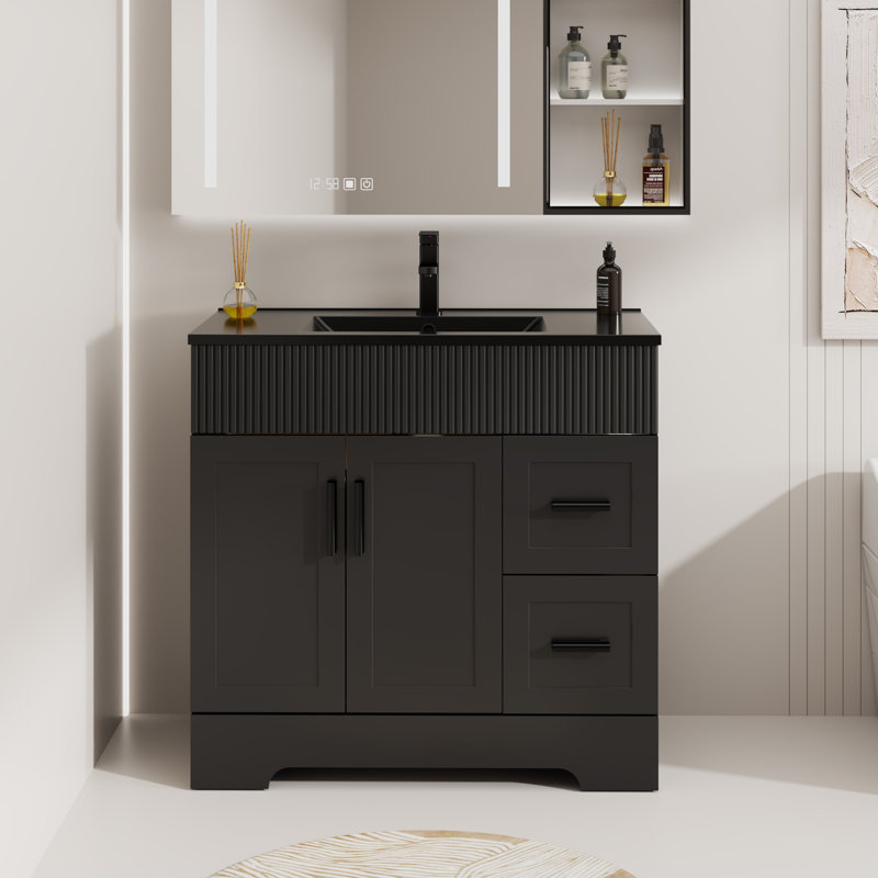 Meuble-lavabo simple 36 po avec lavabo noir, robinet et drain, peint à la main, Noir