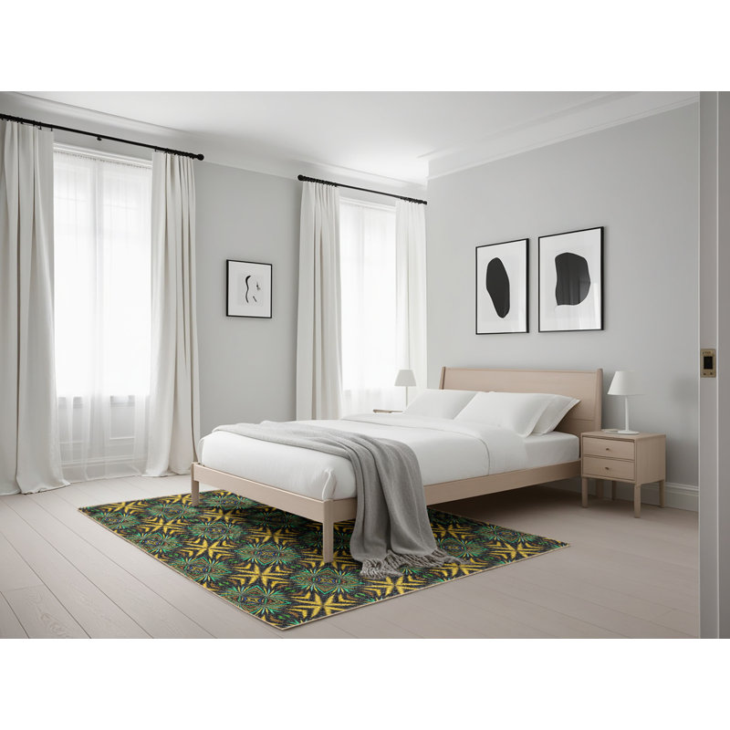 Tissé à la machine à partir de laine et polyester olive/jaune Tapis décoratif, Rectangle 5 pi x 7 pi