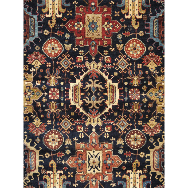 Azerbaijan Hand Knotted Wool Oriental Area Rug in Navy / Rust, Rectangle 7'9" x 10'3"