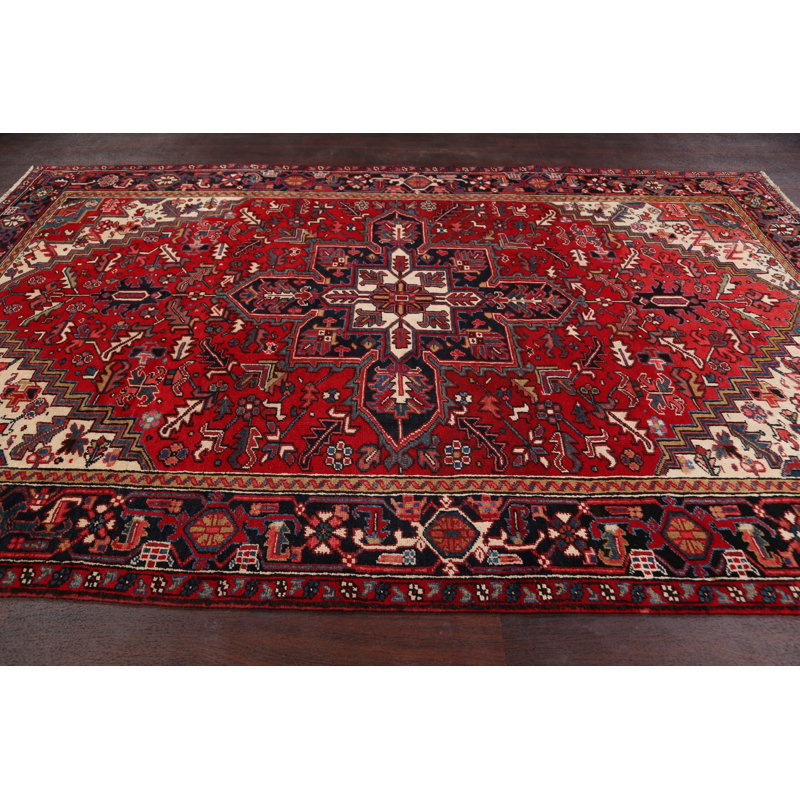 Tapis décoratif en laine rouge/noir 7 pi 4 po x 11 pi 1 po one-of-a-kind noué à la main