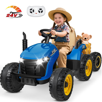 DEARAUTO 24V Powered Ride on Tractor for Kids, Max 4.3Mph, EVA Tires, Tippable Trailer, Remote Control, Detachable Trailer, Tractor Ride on Toy
