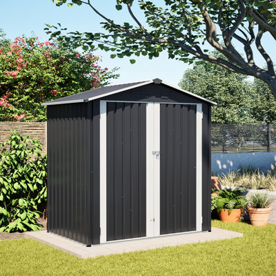 Remise de rangement extérieure en métal 6 x 4 pi, grise, outil de jardin imperméable pour patio, porte verrouillable - remise de surface en film, pelouse, structure en acier galvanisé renforcé, toit incliné, caractéristiques ciblées