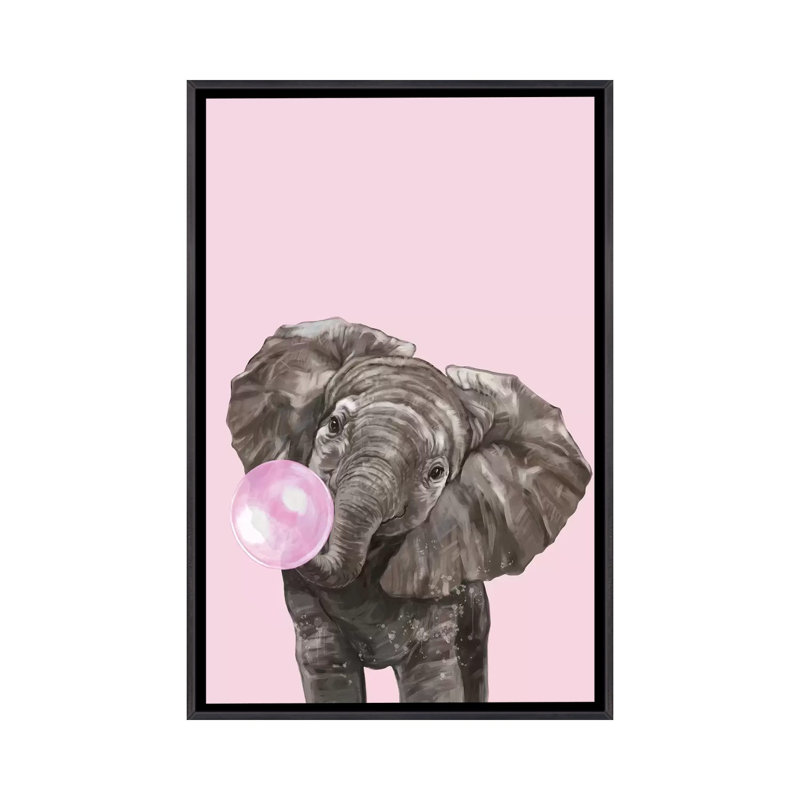 Art d’éléphant de gomme à bulles, Toile avec cadre noir patiné, H 48 po x l 32 po x P 1,5 po