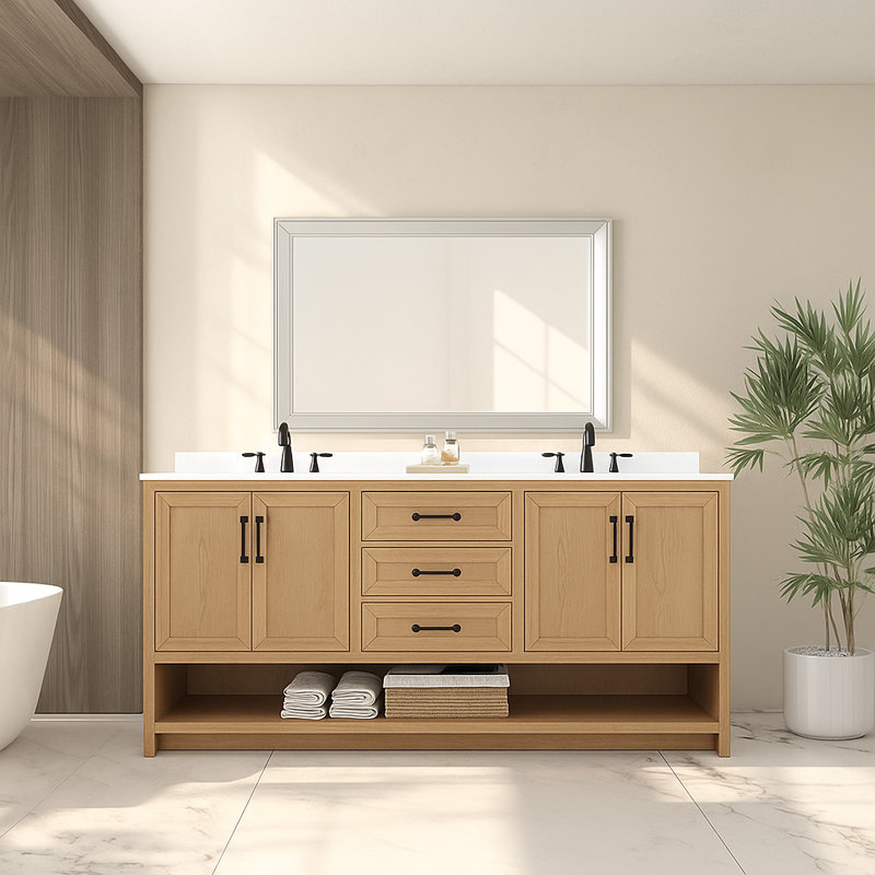 Meuble-lavabo double 72 po Maxbano avec plateau en pierre blanche