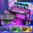 55'' L-Shape Computer Desk With LED Lights, Power Outlets & Drawer Shelves-419479141