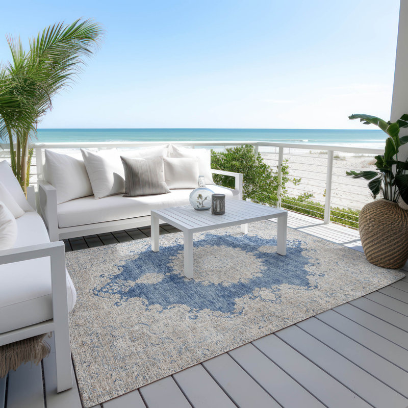 Navy Rectangular Synthetic Flat Woven Washable Rug 3' x 5'