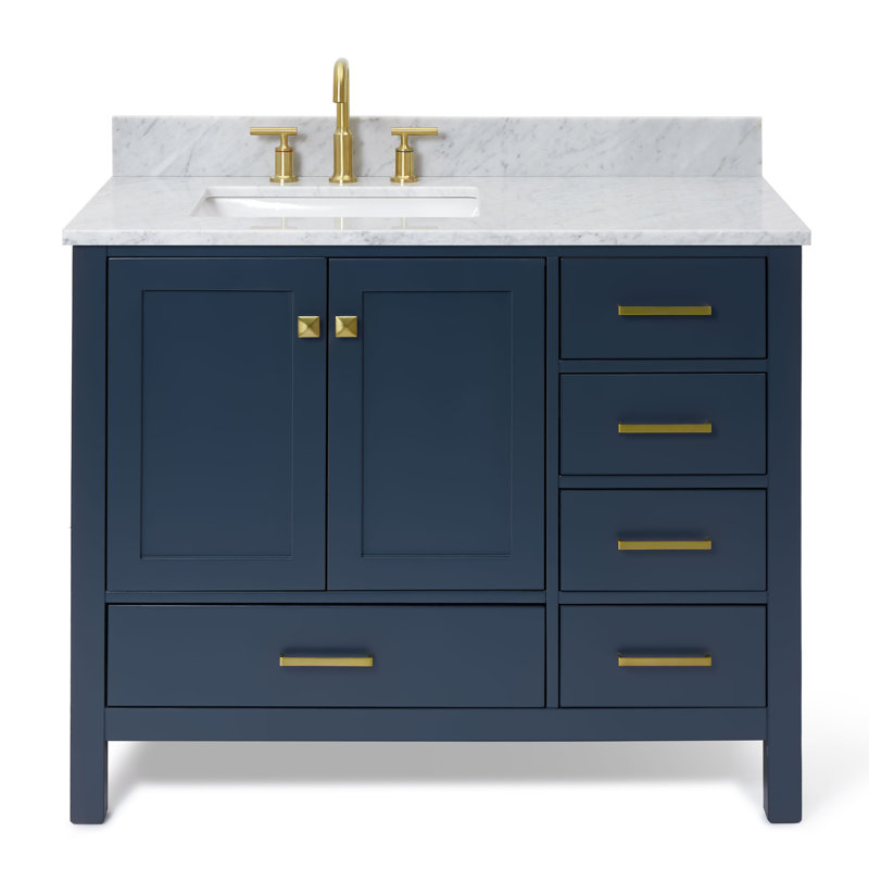 Flynt 43'' Single Bathroom Vanity with Carrara Marble Top, Midnight Blue