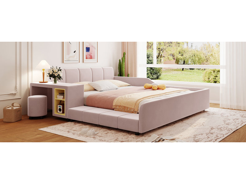 Lit plateforme Elowen Modern Glam avec bureau intégré et rails de sécurité, Grand lit, Rose