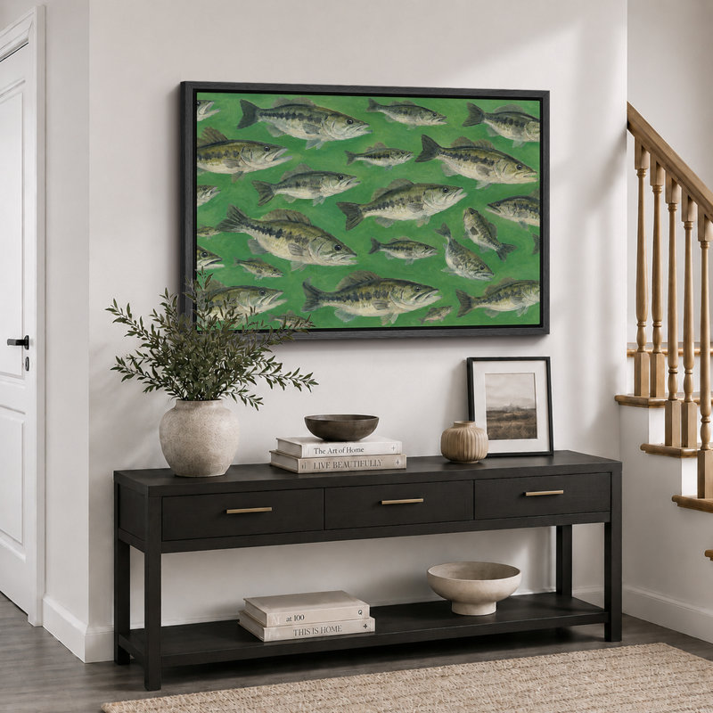 «Green Bass School Fish», reproduction d'art sur toile encadrée, impression sur toile, H 16 po x l 24 po x P 1,5 po