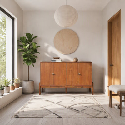 Buffet rétro, l 56,8 po x P 18 po x H 34,2 po, armoire de rangement à 4 portes avec poignées en métal, panneau de fibres à densité moyenne et placage d'acacia, finition brune pour la salle à manger ou le salon