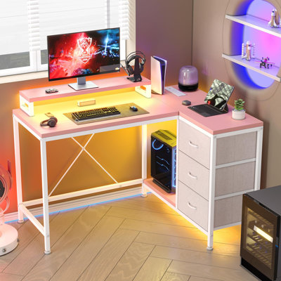 L-Shaped MDF Iron Computer Desk with Built-In Electrical Outlet
