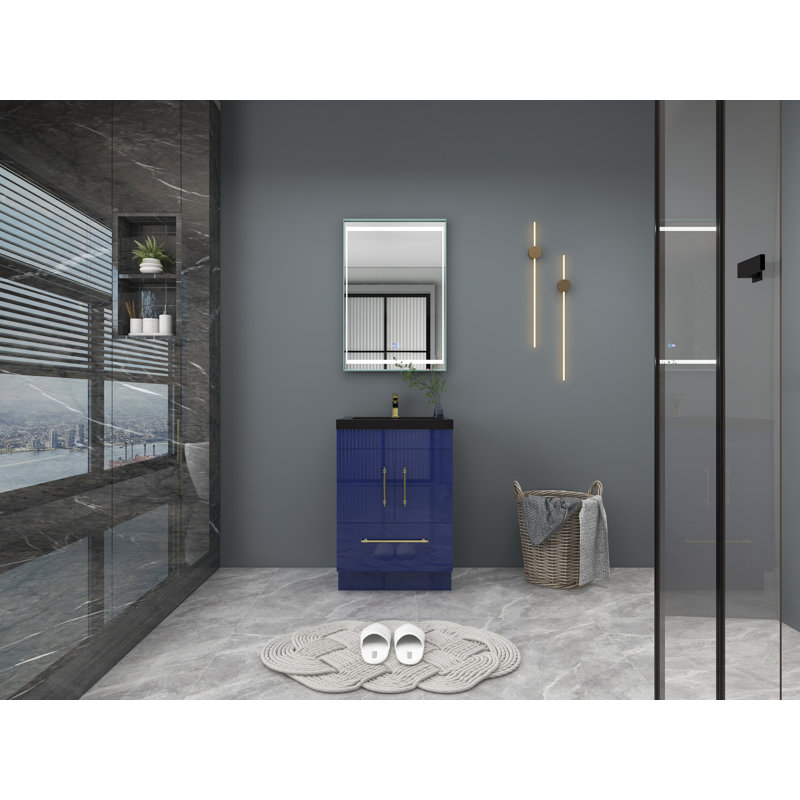Ensemble de meuble-lavabo simple 24 po Camodeca, Bleu nuit brillant, Or mat