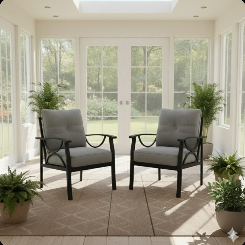 Ensemble de 2 fauteuils en métal toutes saisons (y compris une chaise de patio), Gris, Noir