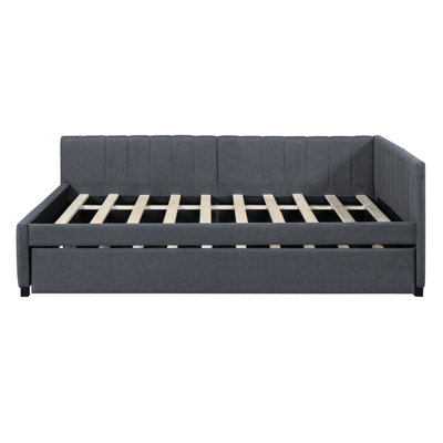 Gray Linen Upholstered Daybed With Trundle, Stable Bed Frame, No Box Spring Full Sized In Not Needed, Classic Style For Reliability And Space Saving
