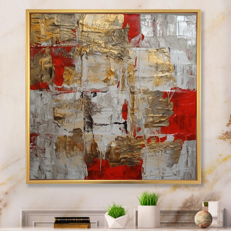 Cardinal Sin Retro Delight, abstrait rouge et or I - Art mural abstrait, H 16 po x l 16 po x P 1 po, Cadre flottant doré