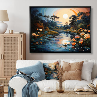 Blue Green Pointillism River At Night V - Pointillism Wall Art Living Room