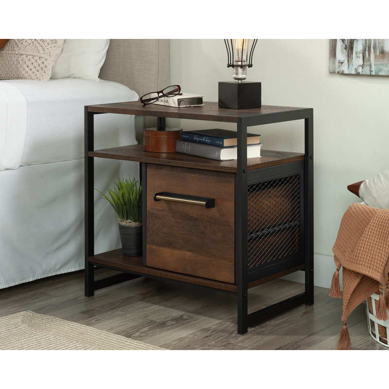 Barrel Oak and Metal Frame Nightstand with Drawer
