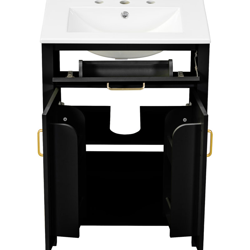 Meuble-lavabo moderne de 48 po avec deux lavabos en céramique, conception à fermeture en douceur, tablette réglable en forme de U et poignées dorées esthétiques