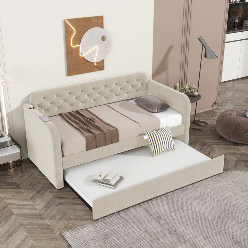 Twin Size Upholstered Daybed With Trundle And Usb Charging Design, Velvet Upholstered Daybed Frame, Twin Sofa Bed For Living Room Bedroom, No Box Spring Needed,Plush Velvet Fabric