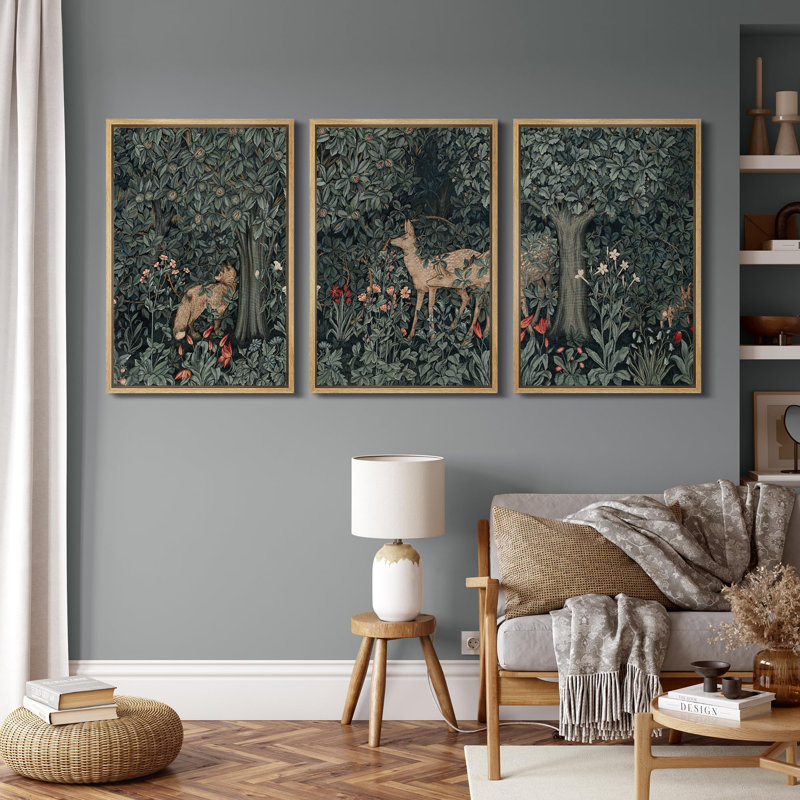 Forêt, cerf et renard dans un décor de chambre d'enfant, reproduction encadrée sur toile pour chambre d'enfant, 3 pièces