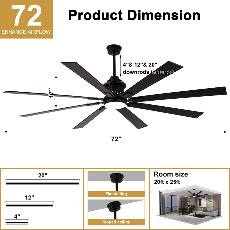 72 Inch Indoor/Outdoor Black Modern Large Ceiling Fan With Lights And Remote, 6 Speeds Reversible Quiet DC Motor Ceiling Fan For Patio
