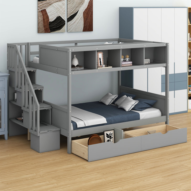 Lit superposé avec tablettes, escalier de rangement et 2 tiroirs, Gris