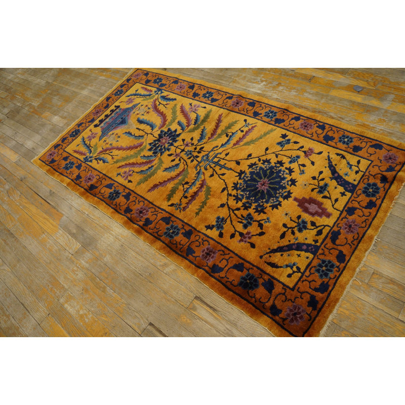 Tapis art déco rectangulaire jaune et doré en laine des années 1920