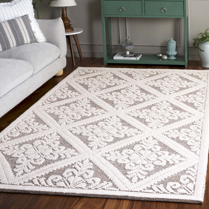 Tapis ivoire / brun en laine tissé à la main Damask, Rectangle de 5 pi x 8 pi
