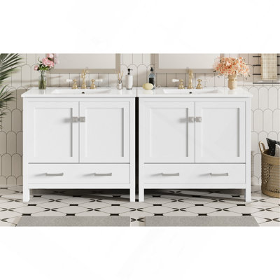 72" White Bathroom Vanity with Ceramic Sink, Soft-Close Doors, Double Storage Shelves & Divided Drawer – Modern Bathroom Cabinet with Ample Storage