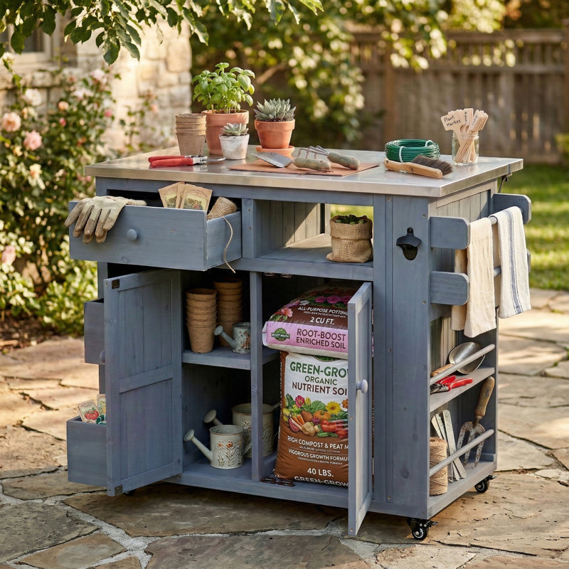 Îlot de cuisine extensible pour l'extérieur en bois massif - table de gril supérieure en acier inoxydable avec support à épices latéral, tiroirs et armoire de rangement pour barbecue et fête (gris)