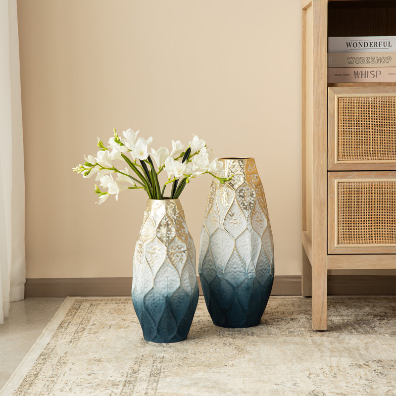 Vase de plancher abstrait en métal bleu et doré