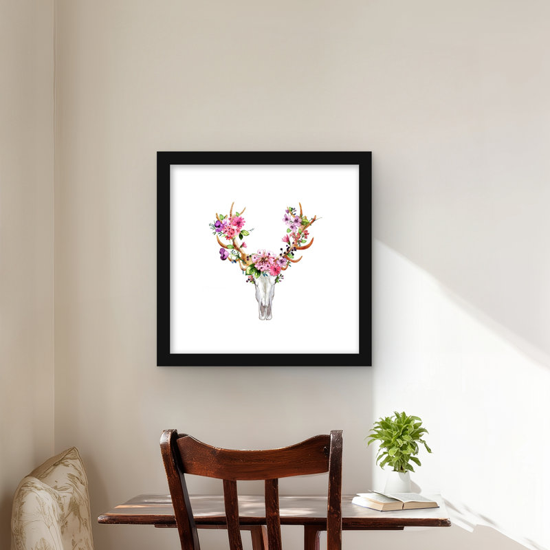Crâne de cerf rustique avec fleurs - reproduction d'art encadrée, H 16 po x l 16 po, Black