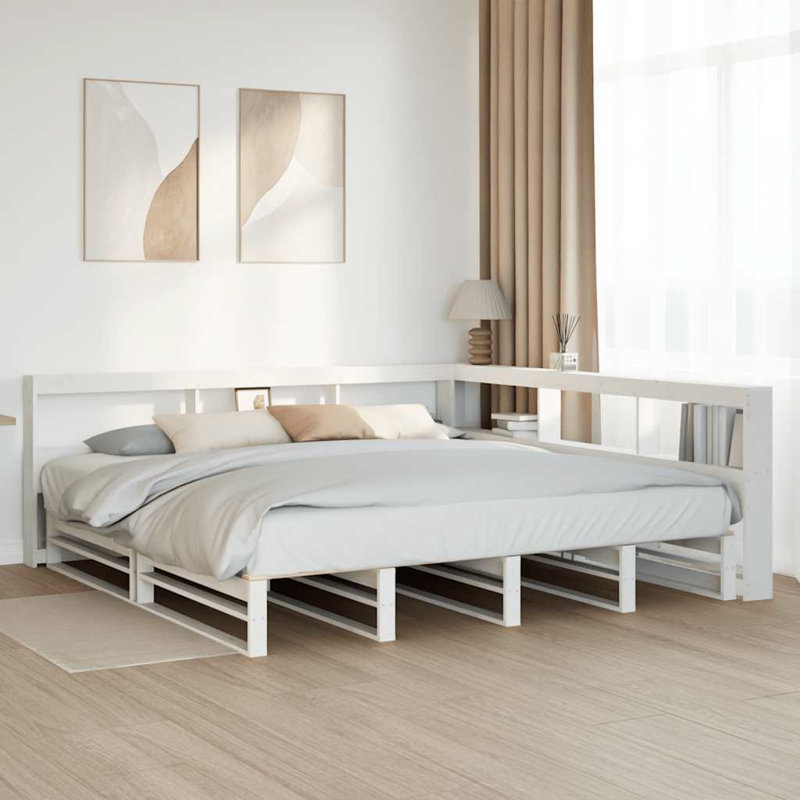 Vidaxl Solid Wood Bed with Shelf, White, Super King (6')
